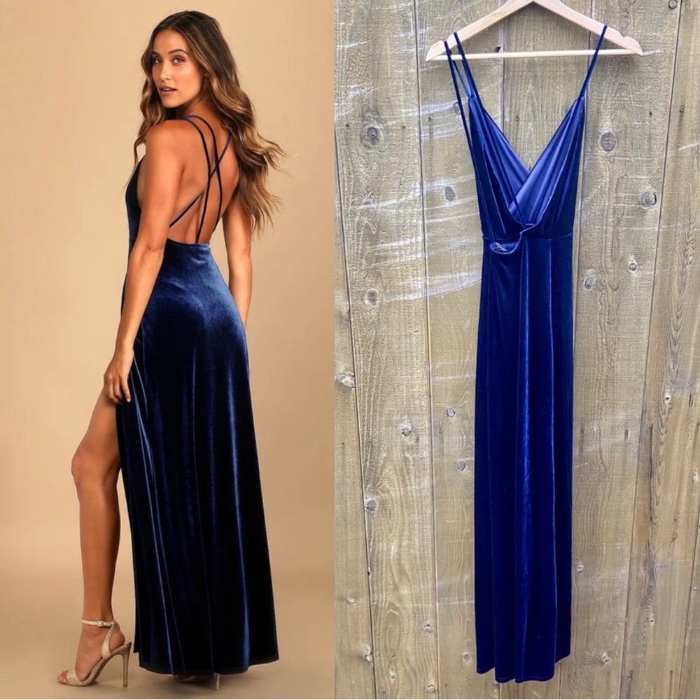 Dark Blue Velvet Luxe Faux-Wrap Backless Maxi Dress 🌿